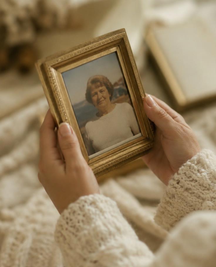 Mani che tengono una fotografia incorniciata